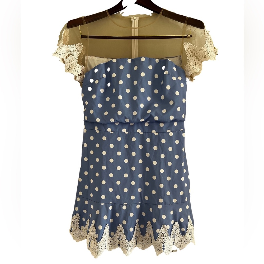 Vintage Blue Polka Dot Dress with Lace and Embroidered Trim Juniors XL